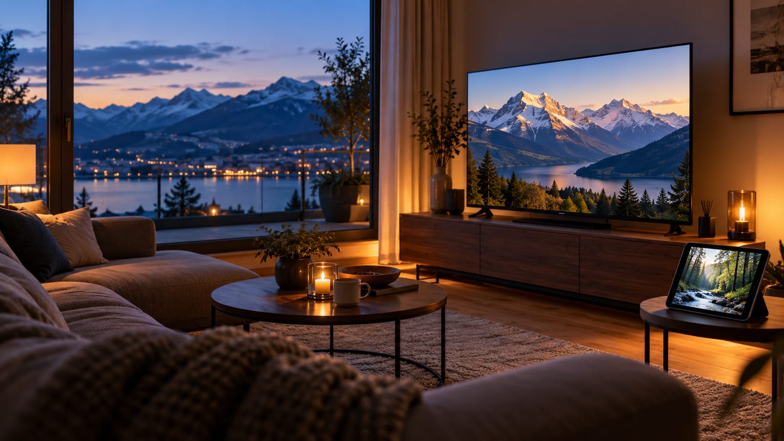 Téléviseur et tablette montrant deux paysages différents dans un salon suisse.