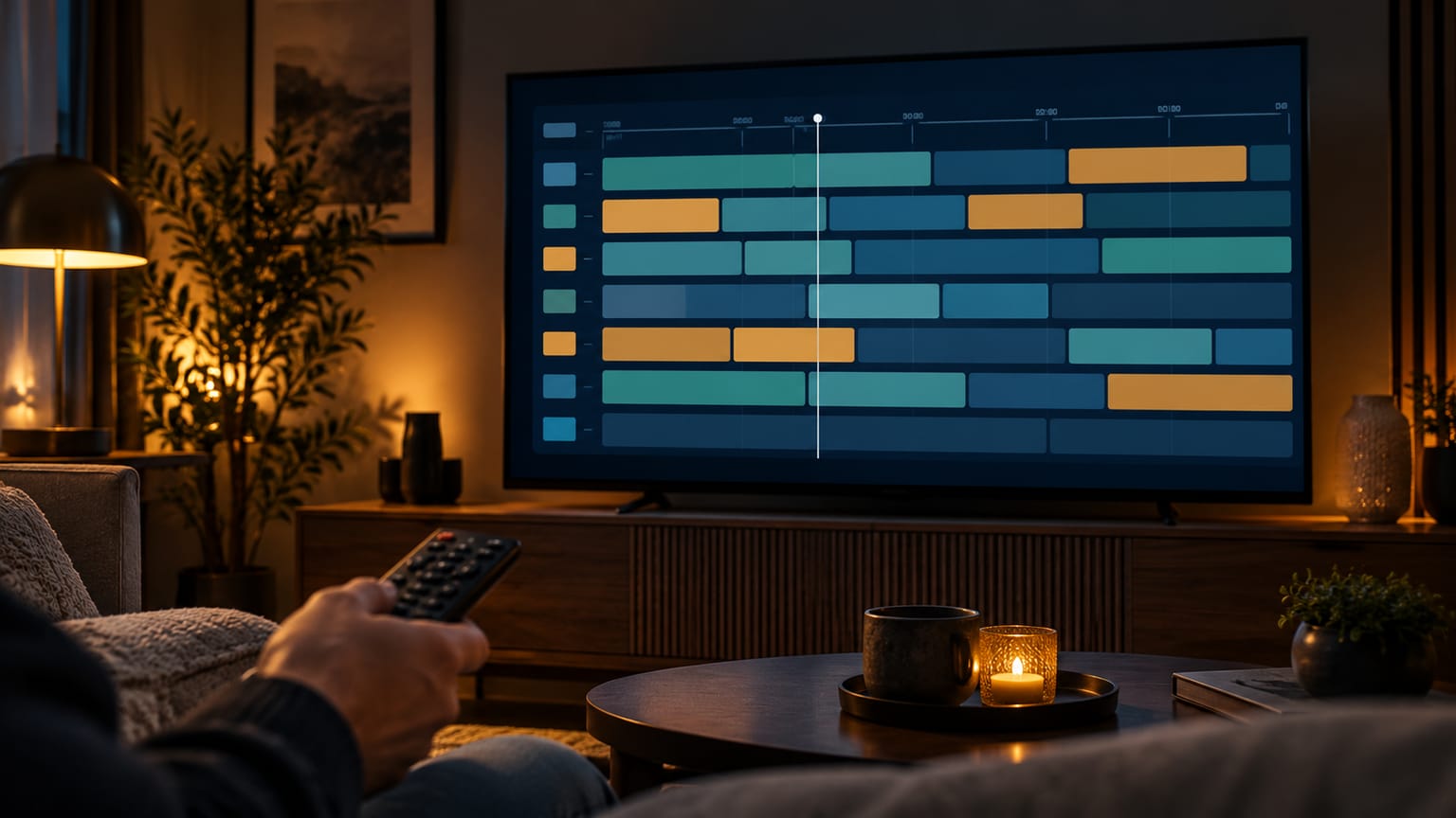 Grille de programmes composée de blocs horaires sur un téléviseur, avec télécommande.