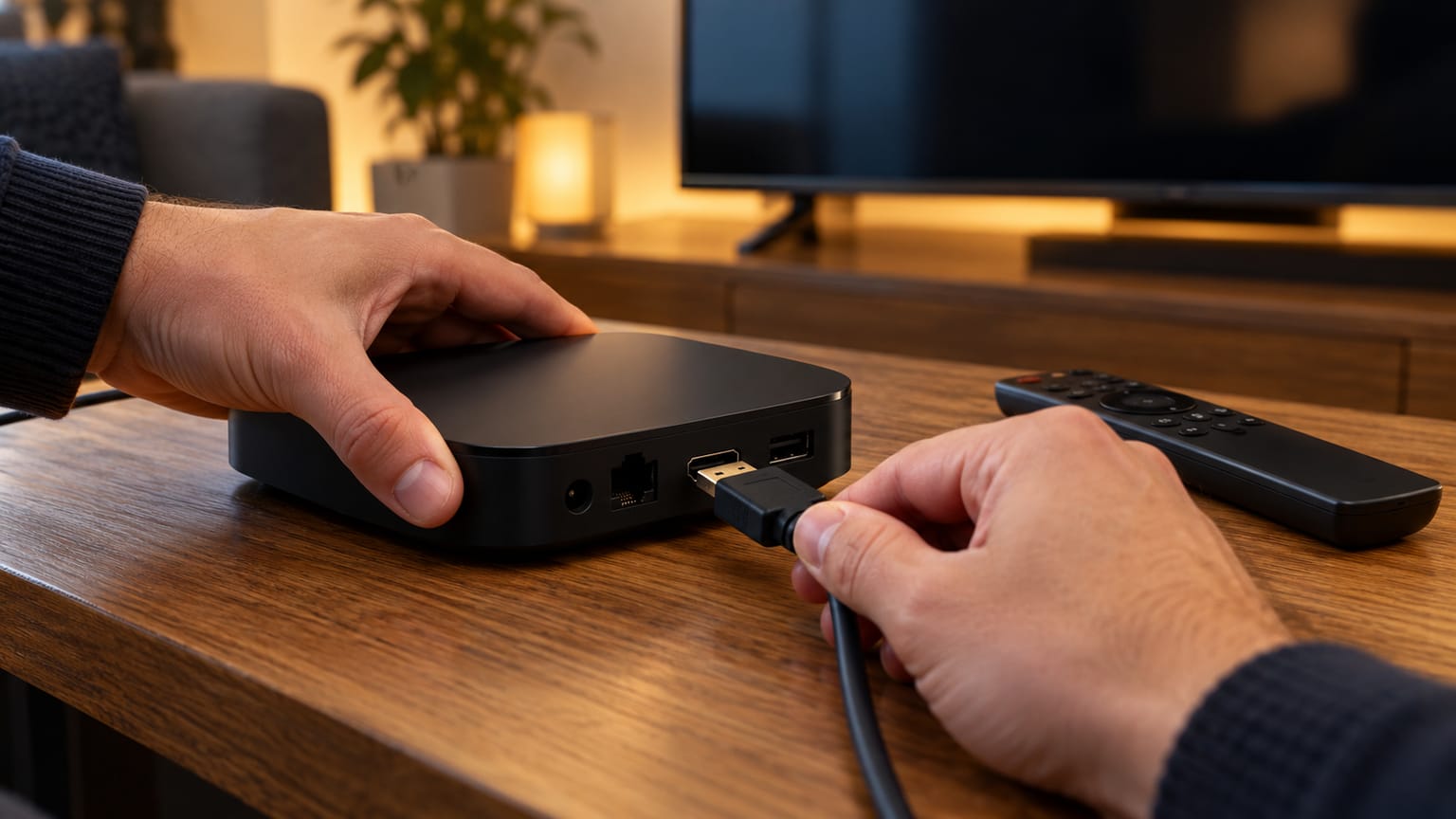 Branchement d’un câble HDMI sur un boîtier de streaming sans marque.
