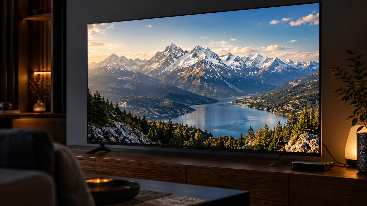 Paysage alpin détaillé sur un téléviseur, avec boîtier de streaming et connexion réseau.