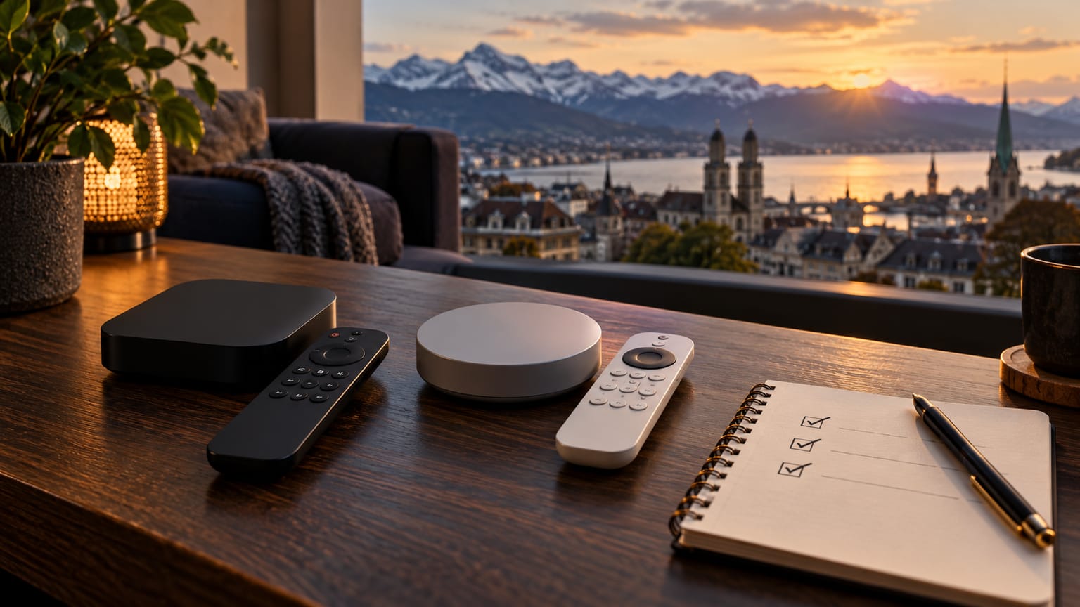 Zwei Streaming-Geräte mit Fernbedienungen und einer Checkliste vor einer Schweizer Stadtkulisse.