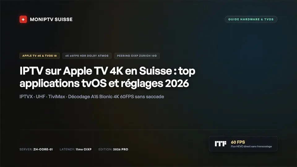 Boîtier Apple TV 4K avec télécommande Siri Remote devant un écran affichant une interface IPTV moderne en Suisse.