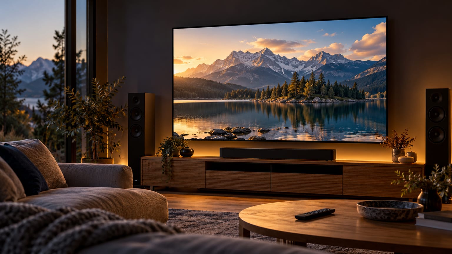 Installation de cinéma à domicile avec téléviseur, enceintes et éclairage chaleureux.