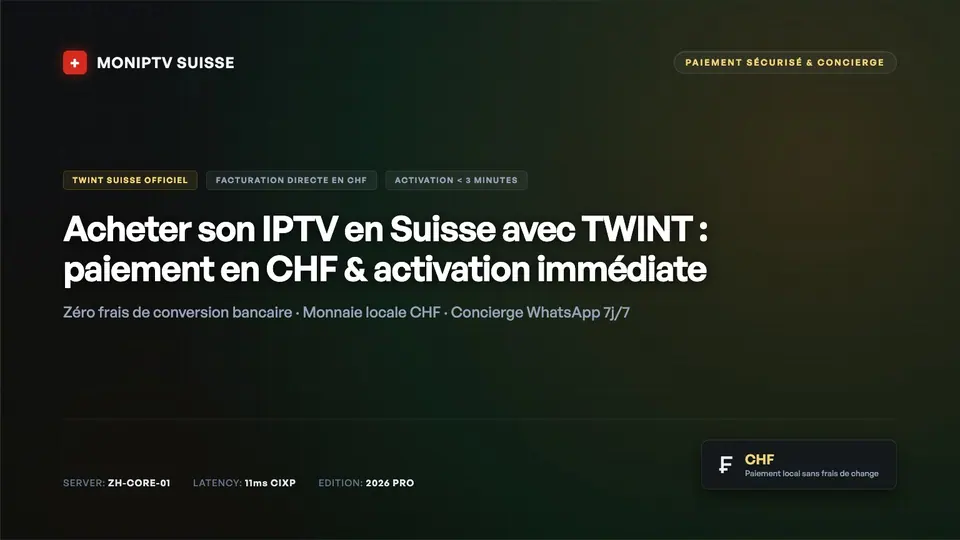 Smartphone avec l'application de paiement suisse TWINT pour l'activation sans frais d'un pass IPTV en francs suisses.