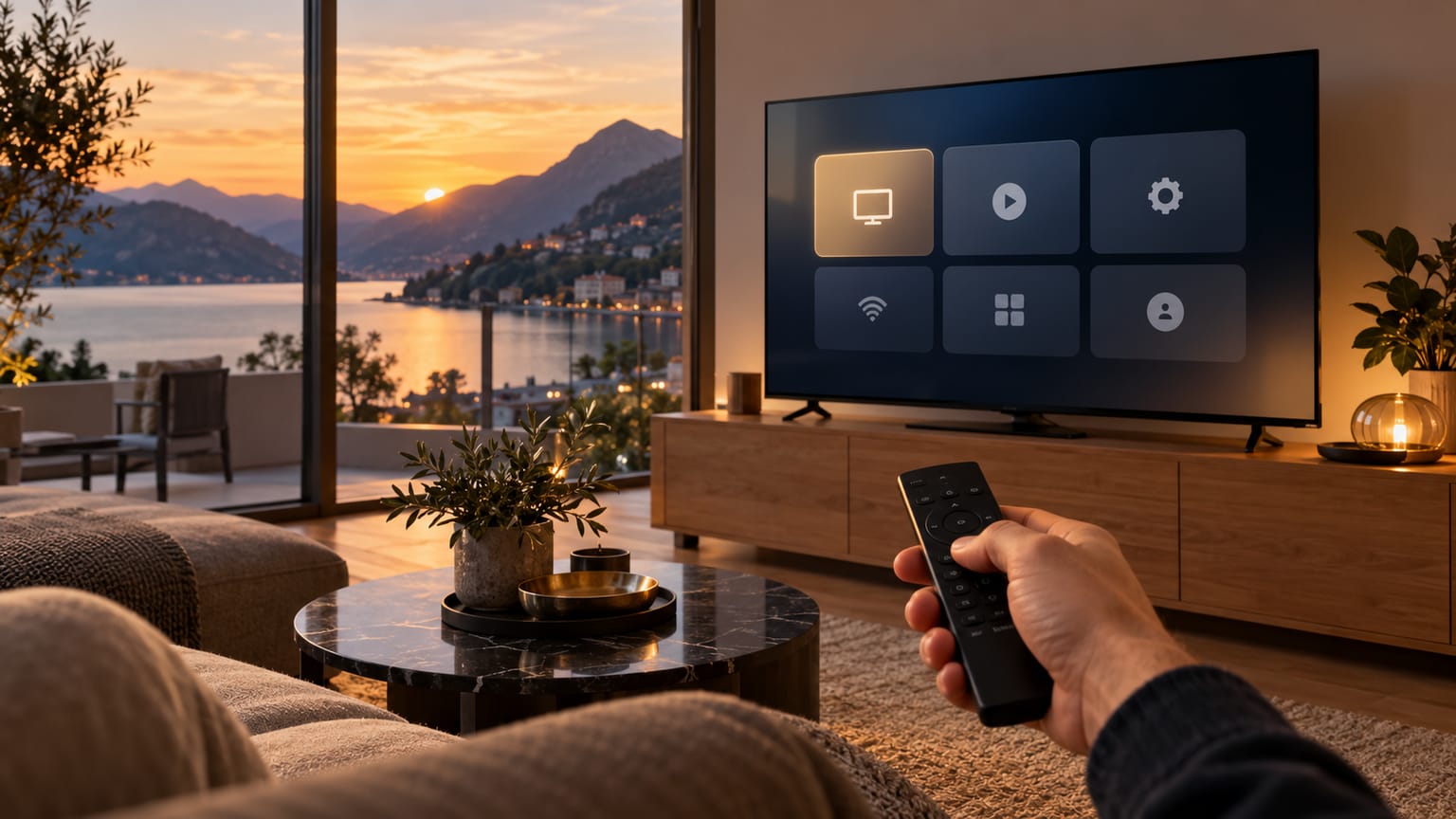 Configurazione di una Smart TV con telecomando in un appartamento affacciato su un lago ticinese.