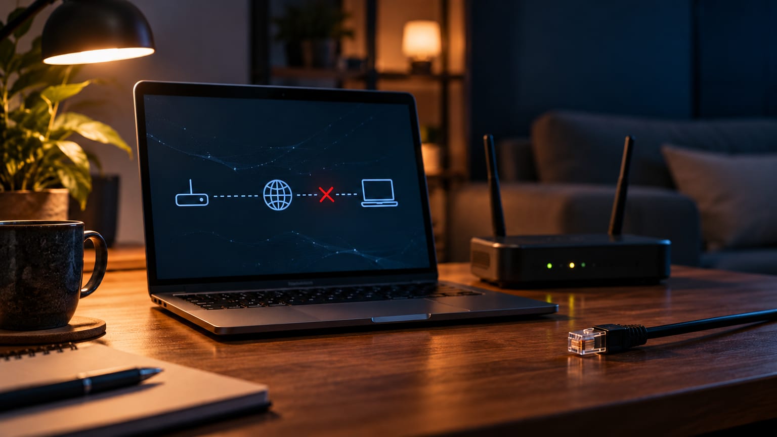Ordinateur affichant un diagnostic de connexion, routeur et câble Ethernet débranché.