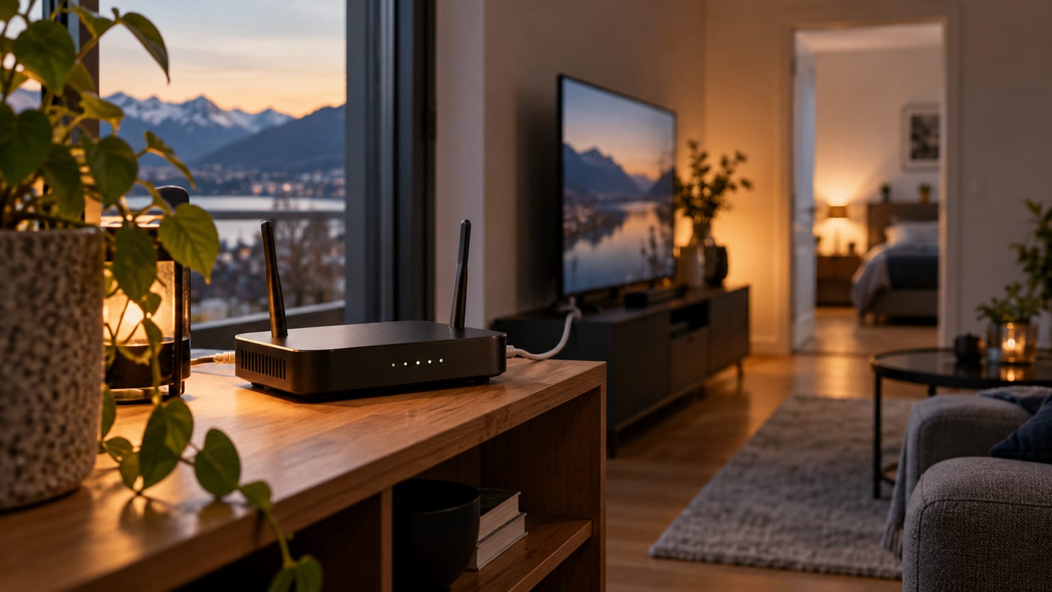 Routeur Wi-Fi relié à un téléviseur dans un appartement avec une seconde pièce.